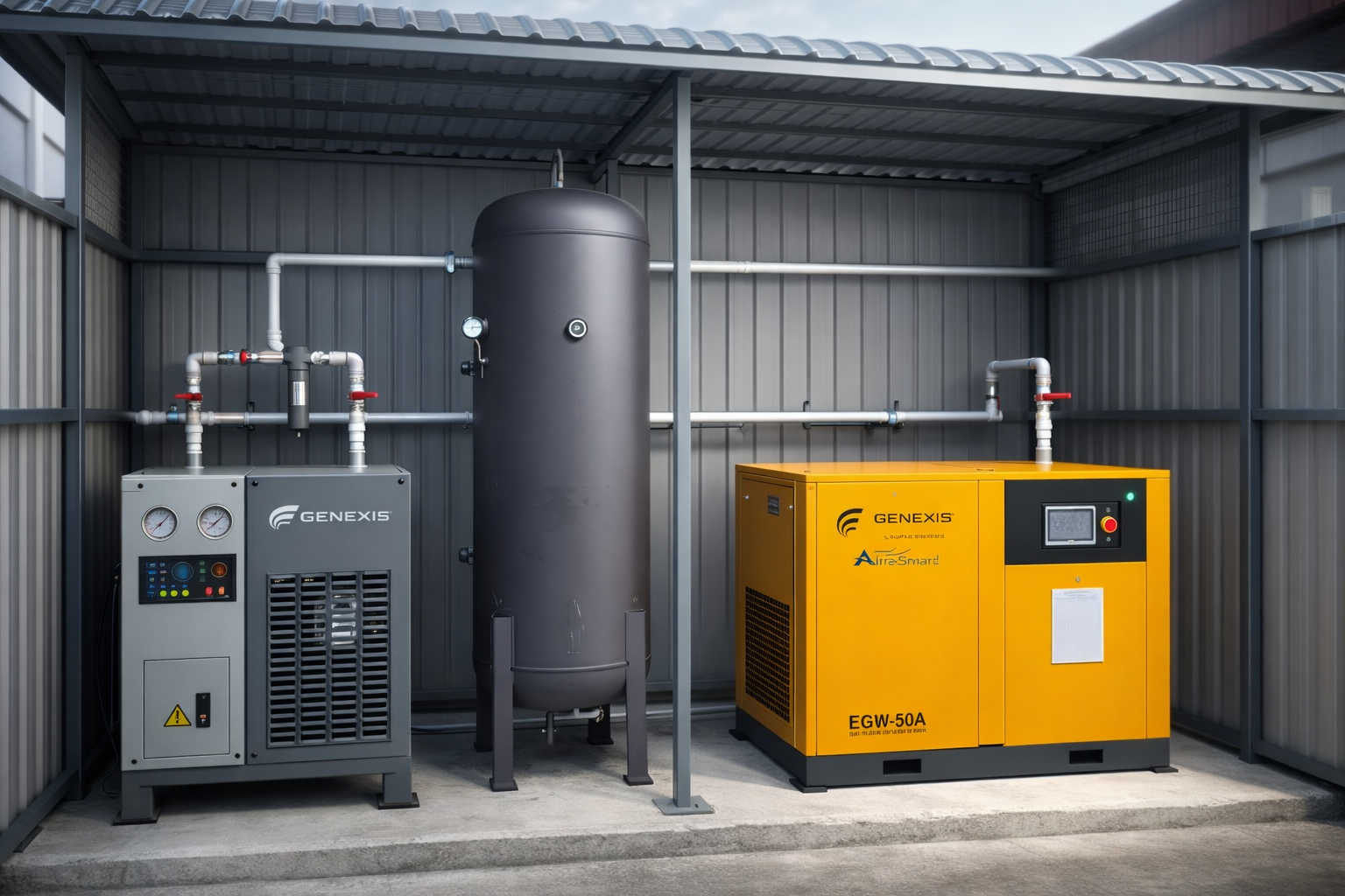 A Genexis EGW-50A VSD (Inverter) air compressor installed in a complete compressor room — the kind of setup that pays for itself within 18–30 months through energy savings.