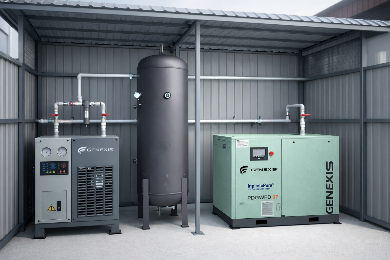 A complete Genexis oil-free compressor room — VSD compressor, air receiver and refrigerated dryer working as one efficient system.